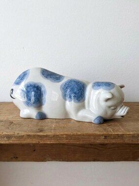 Vintage Blue and White Ceramic Pig Flambro Countryside Primitive Farmhouse Decor